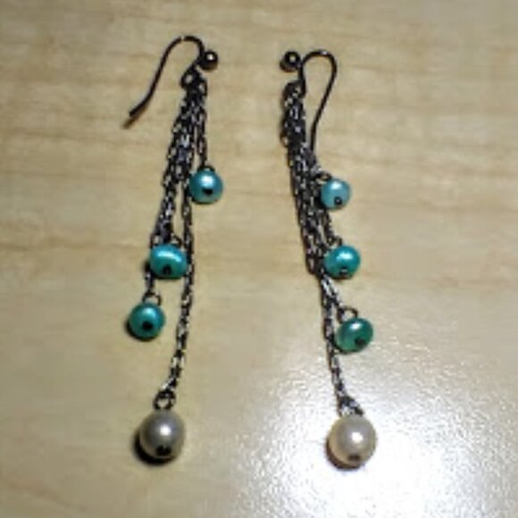 Teal & White Beaded Dangle Chain Earrings : 2 1/4" long - Picture 8 of 9